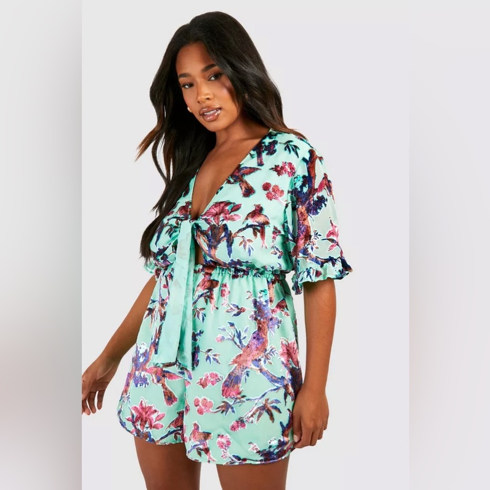 Mint Floral Tie-Front Romper with Bird Print